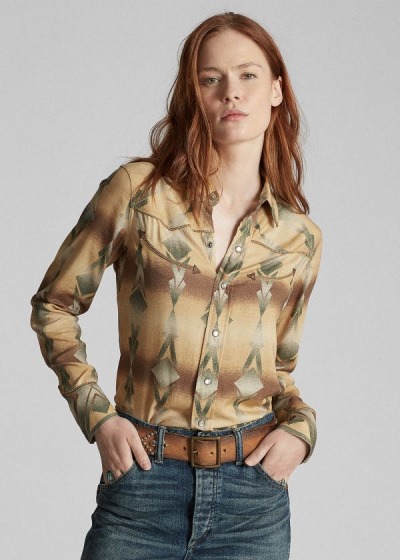 Camisa Ralph Lauren Mujer Marrom Verdes - Print Western - VXNFU2763